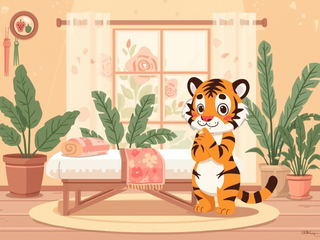 自宅サロンで安全について考えている可愛いトラのイラスト