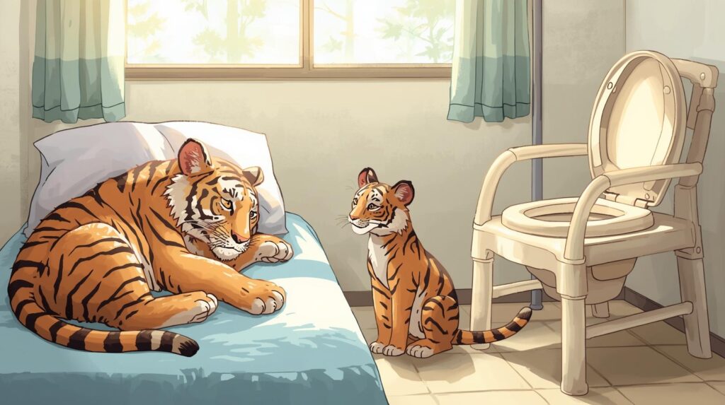 ベッドで困っている高齢トラと介護者トラ、横に家庭用ポータブルトイレがあるトイレ支援の介護シーン