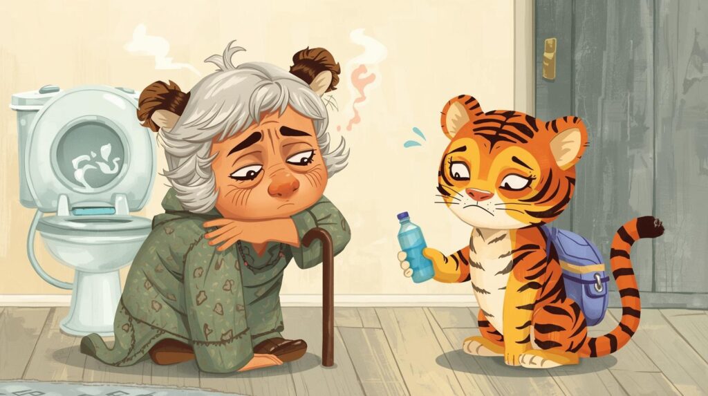 トイレの臭いやトイレの回数を気にして水分を摂らない老女トラと、心配して水を差し出す介護者トラの介護シーン