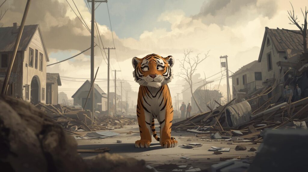 災害後の屋外で混乱して右や左を見回す認知症の老トラのイラスト