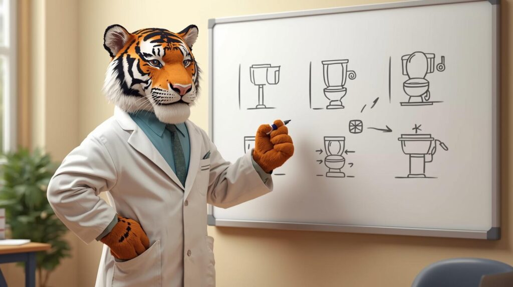 トラの先生がホワイトボードで自動排泄支援機器のしくみを説明しているイラスト