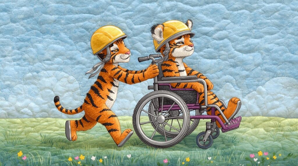 高齢トラを車いすで避難させているトラのイラスト　高齢者の避難支援を表す温かい場面