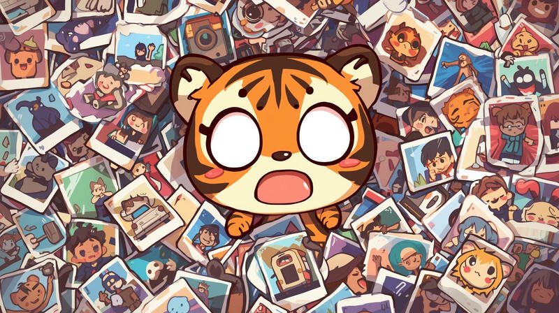 大量の写真に埋もれて白目になっているトラのイラスト　思い出整理に追われている様子をユーモラスに表現
Googleデータテイクアウトで写真整理しないといけないというイラスト