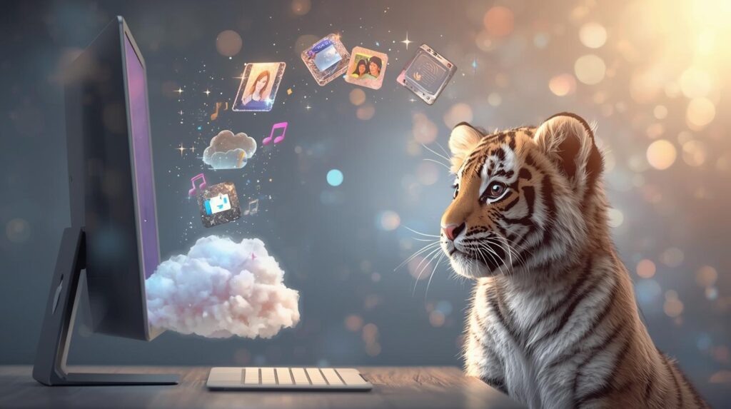 Googleデータテイクアウトのイメージ。クラウドから写真やデータがエクスポートされているイラスト
