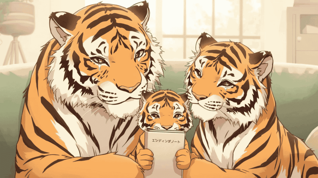 エンディングノートを見て感謝するトラの家族のイラスト　残してくれてありがとうという温かい場面
