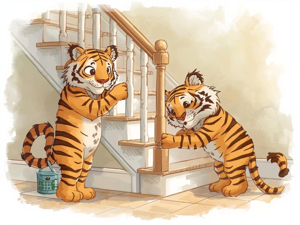 トラの老夫婦が階段の安全を点検している家庭内防災のイラスト