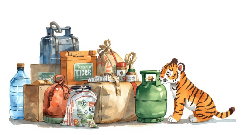 トラが防災用品（水や非常食など）を並べてチェックしているイラスト