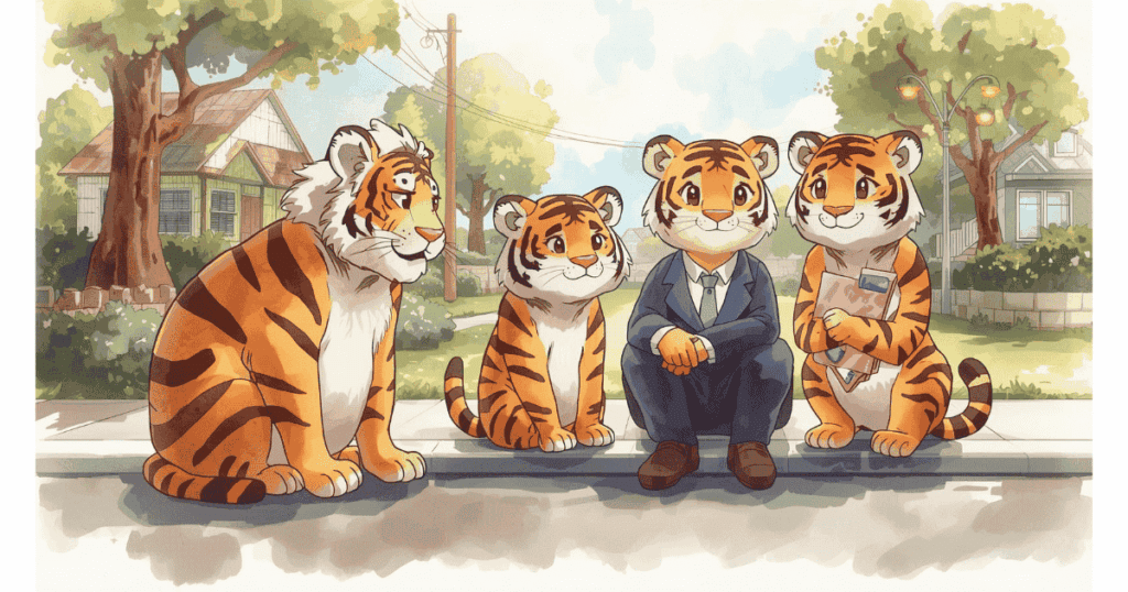 高齢者防災対策で高齢トラとご近所トラ、ケアマネトラが立ち話する地域のつながりイラスト