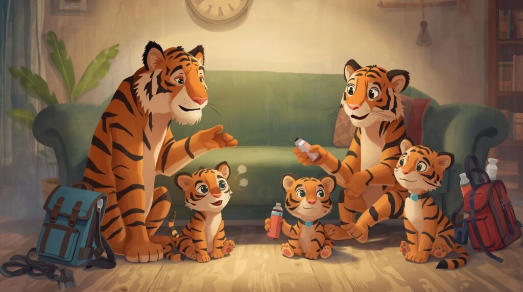 トラの家族が防災リュックや水を並べて準備を話し合っている様子のイラスト