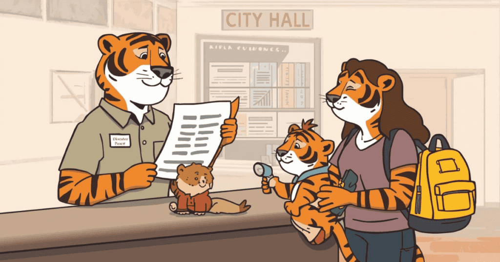 災害後の手続きで市役所を訪れたトラの親子が窓口で申請しているイラスト