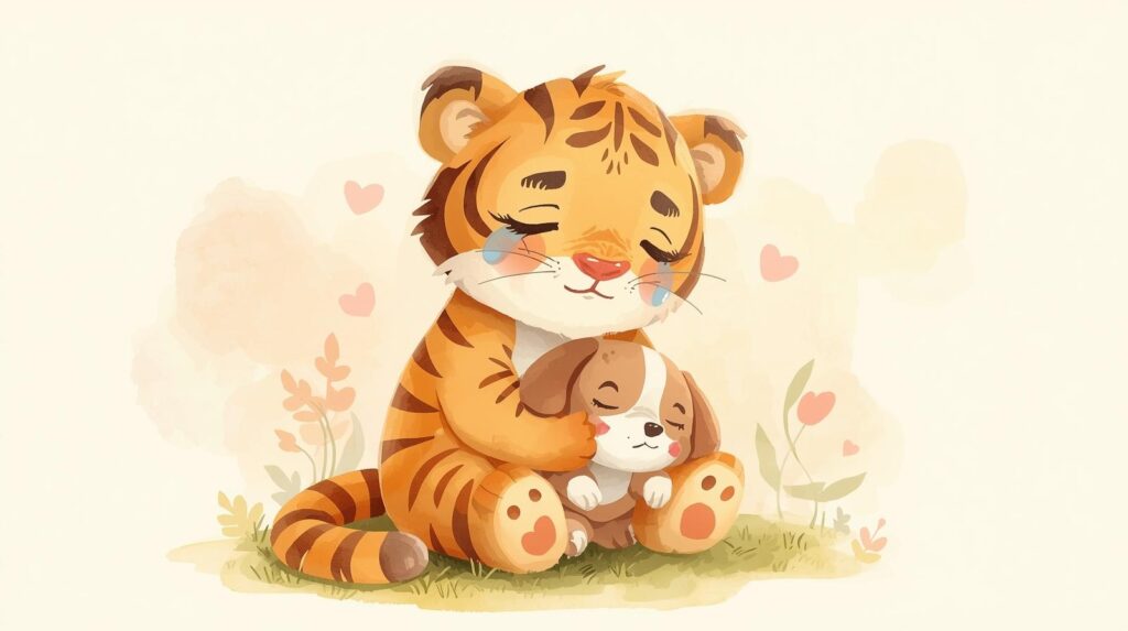 災害時 ペット 高齢者 避難の場面として、高齢の虎が犬や猫と一緒に避難している優しいイラスト
