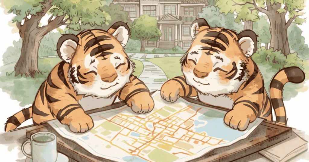 トラの老夫婦が地図を広げて避難ルートを確認している防災イラスト