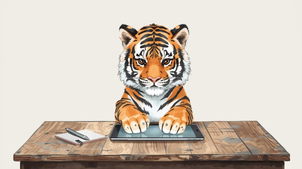 トラがタブレットで防災カウンターを使って準備を確認しているイラスト