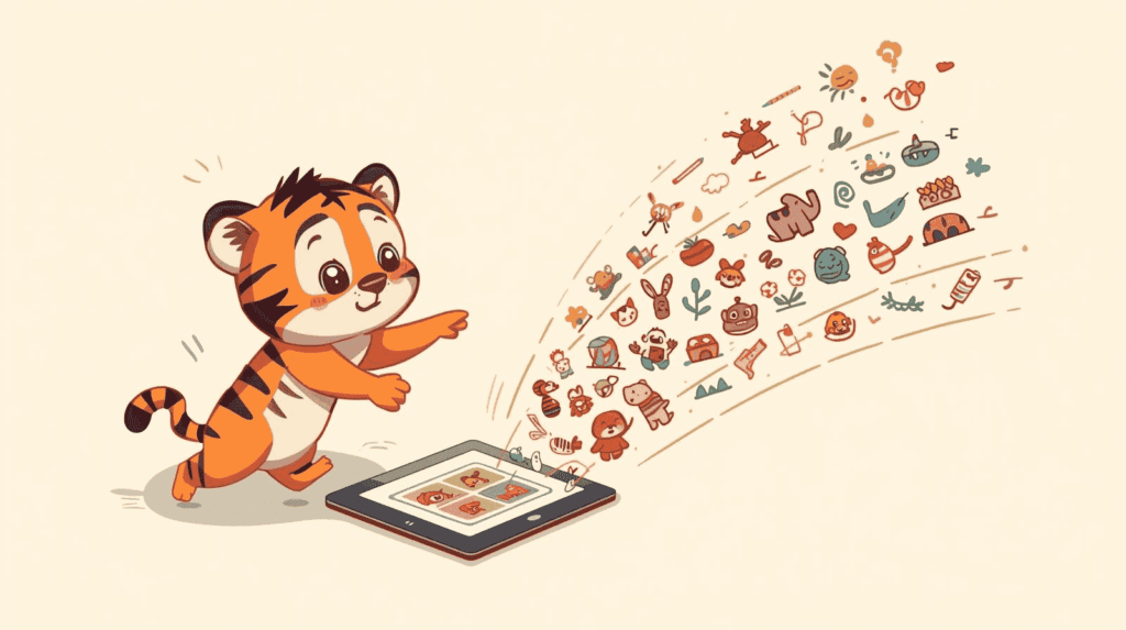 CanvaのAI生成を繰り返して画像が増える様子を表し、ファイル名ルール作りが必要になる理由を示すイラスト