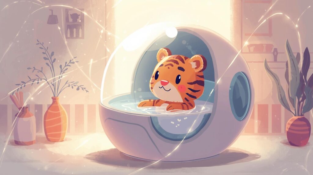 AI入浴のカプセル型人間洗濯機に入っているトラを描いた未来的な入浴イラスト