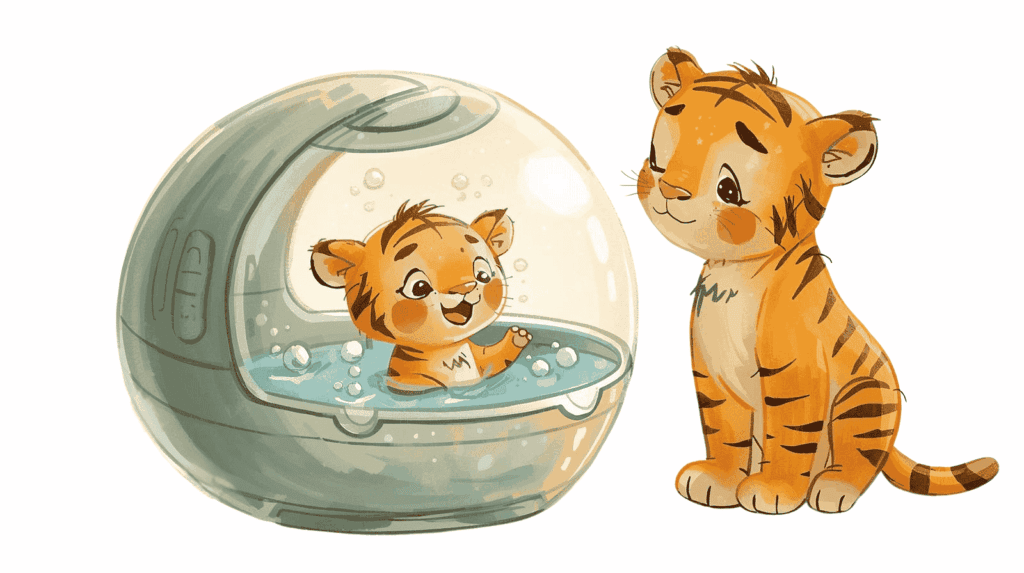 人間洗濯機に入った子トラを外から母トラが静かに見守る様子を描いたAI入浴イラスト