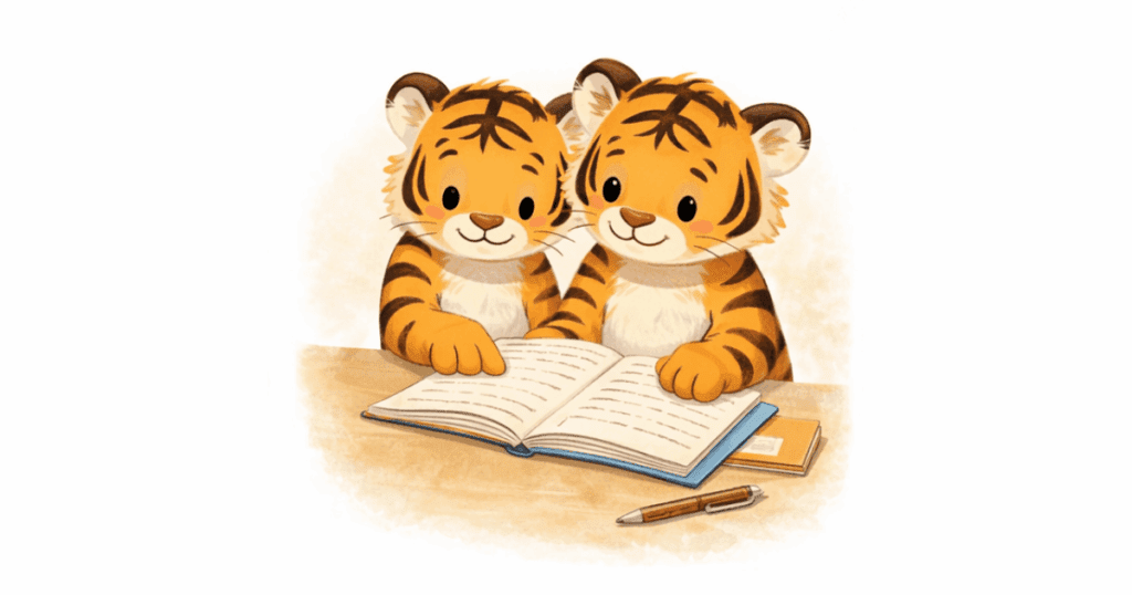 二人でエンディングノートを確認しているトラのイラスト