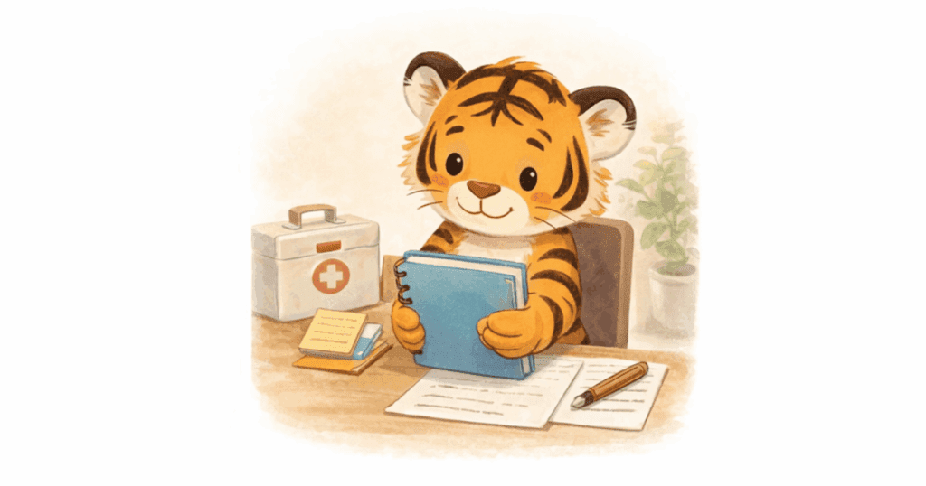 机に座ってエンディングノートを持つトラのイラスト