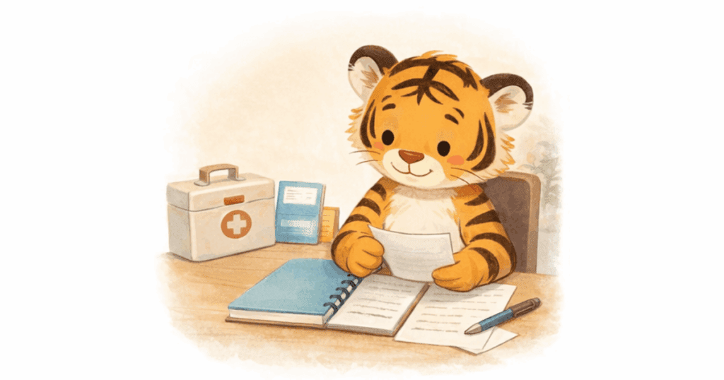 机に座り、防災 エンディングノートの書類を確認しながら手続きを考えるトライラスト