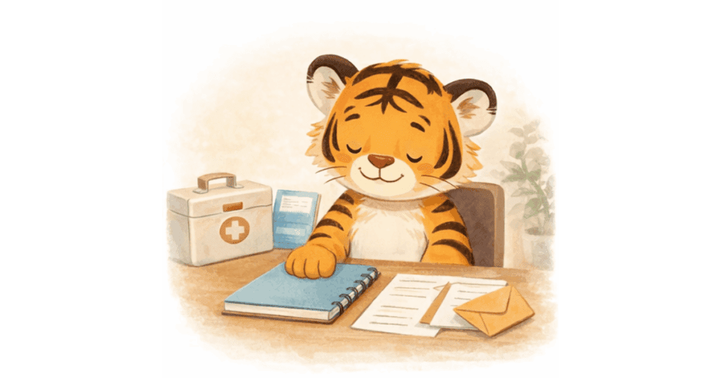 机に座って書類を広げて整理している虎のイラスト
