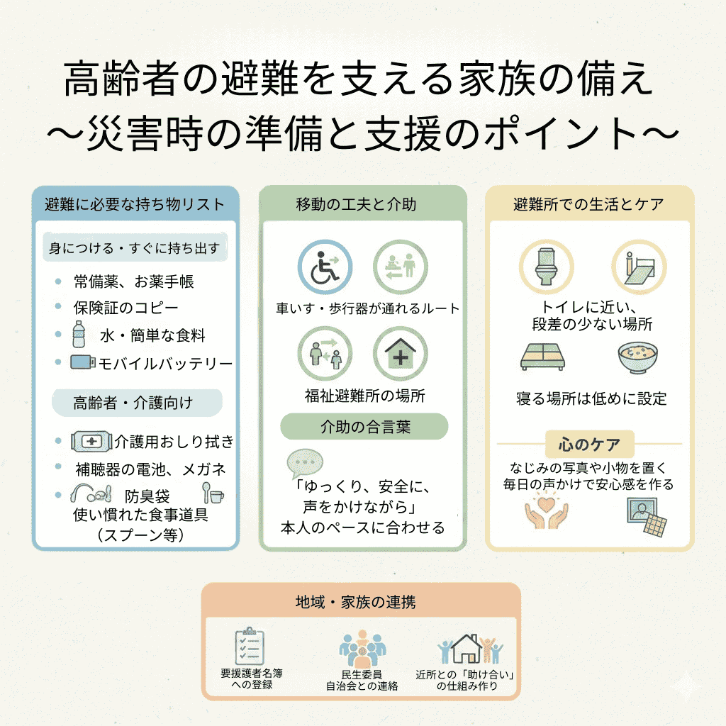 高齢者の避難を支える家族の備えの図解