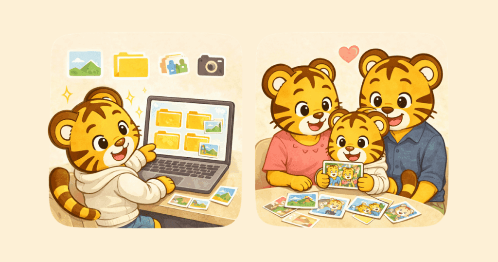 写真整理をしているトラと家族のイメージ