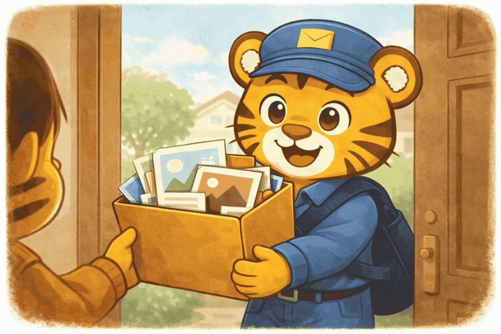 写真が入った箱を笑顔で届ける郵便配達員姿の主人公トラのイラスト