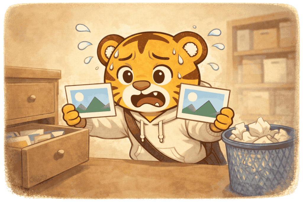 同じ写真を見比べて保管するか捨てるか迷っている主人公トラのイラスト