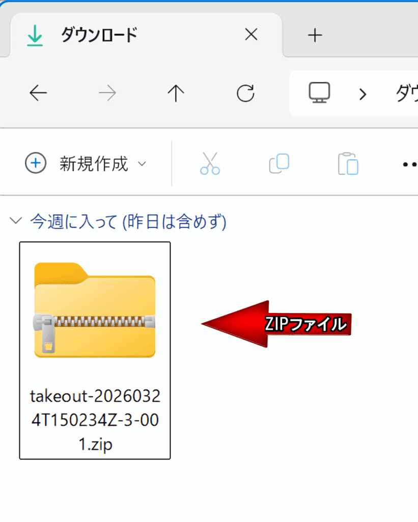 ダウンロードフォルダに保存されたGoogle TakeoutのZIPファイル