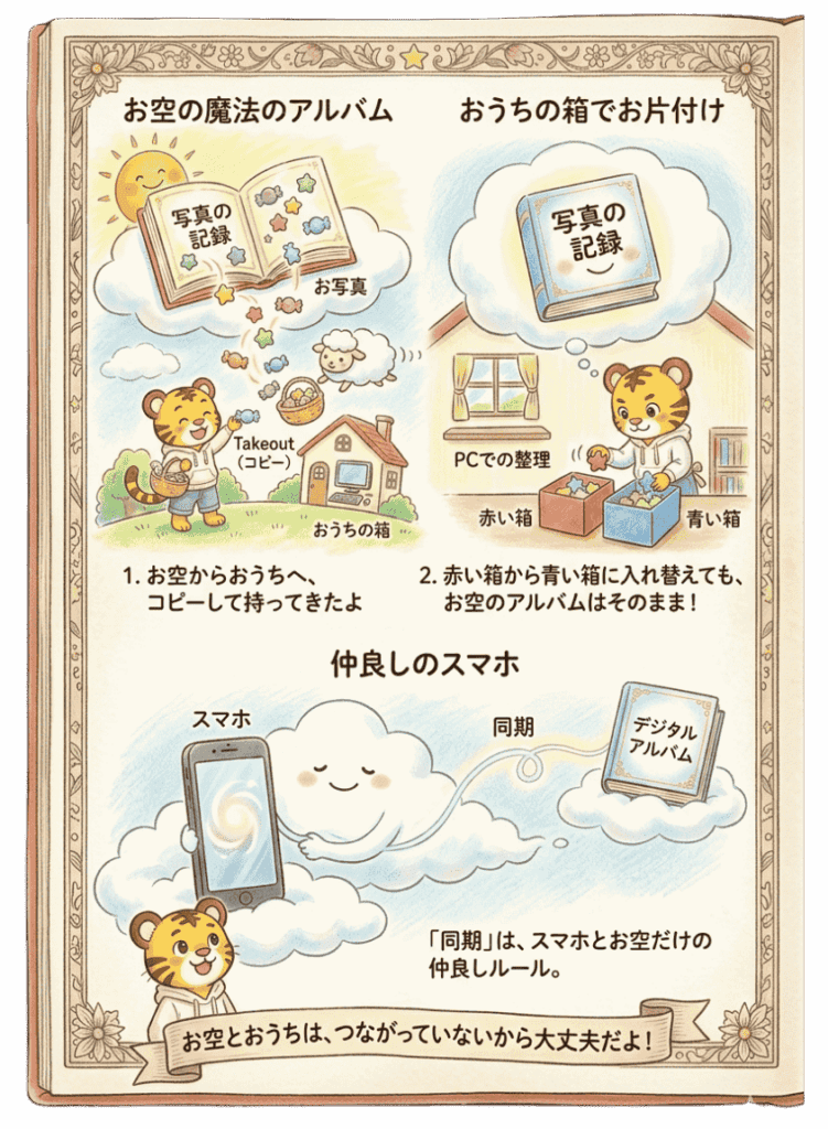 Googleフォトとパソコン保存の違いをたとえで整理した図