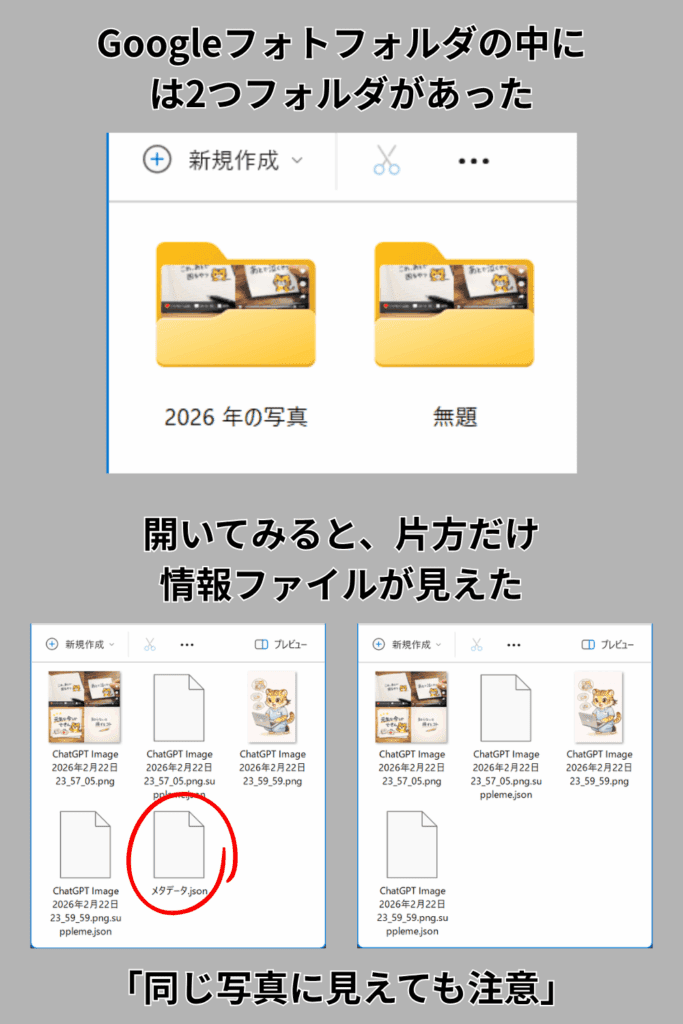Googleフォトフォルダ内の2つのフォルダを開くと、片方だけ情報ファイルが見える例を示した比較図