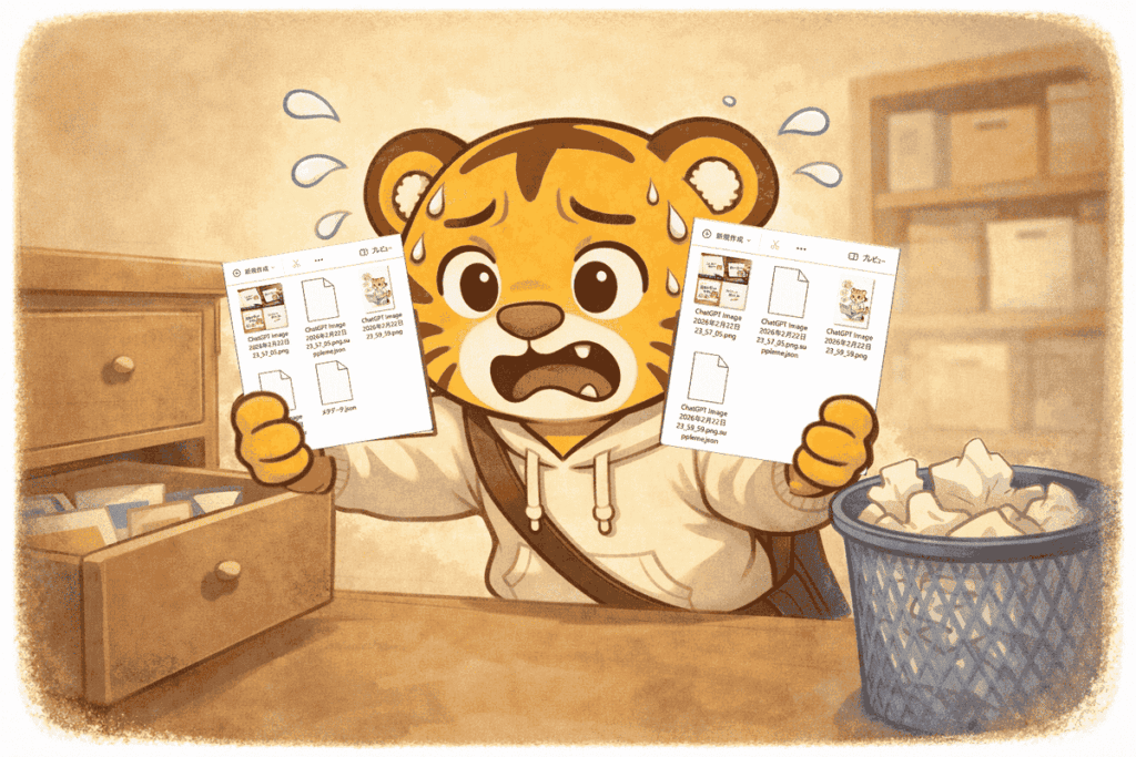 1つのフォルダの中に同じに見えるファイルを持ち困っているトラのイラスト