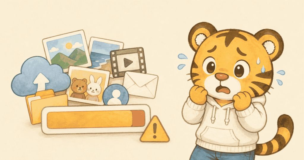 写真や動画、メール、フォルダなどのデータの横で、主人公トラが容量オーバーに困って焦っている画像