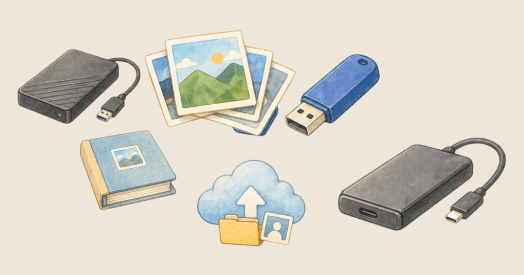 写真の保存先として使える外付けSSD、USBメモリ、写真プリント、アルバム、クラウドのイラスト