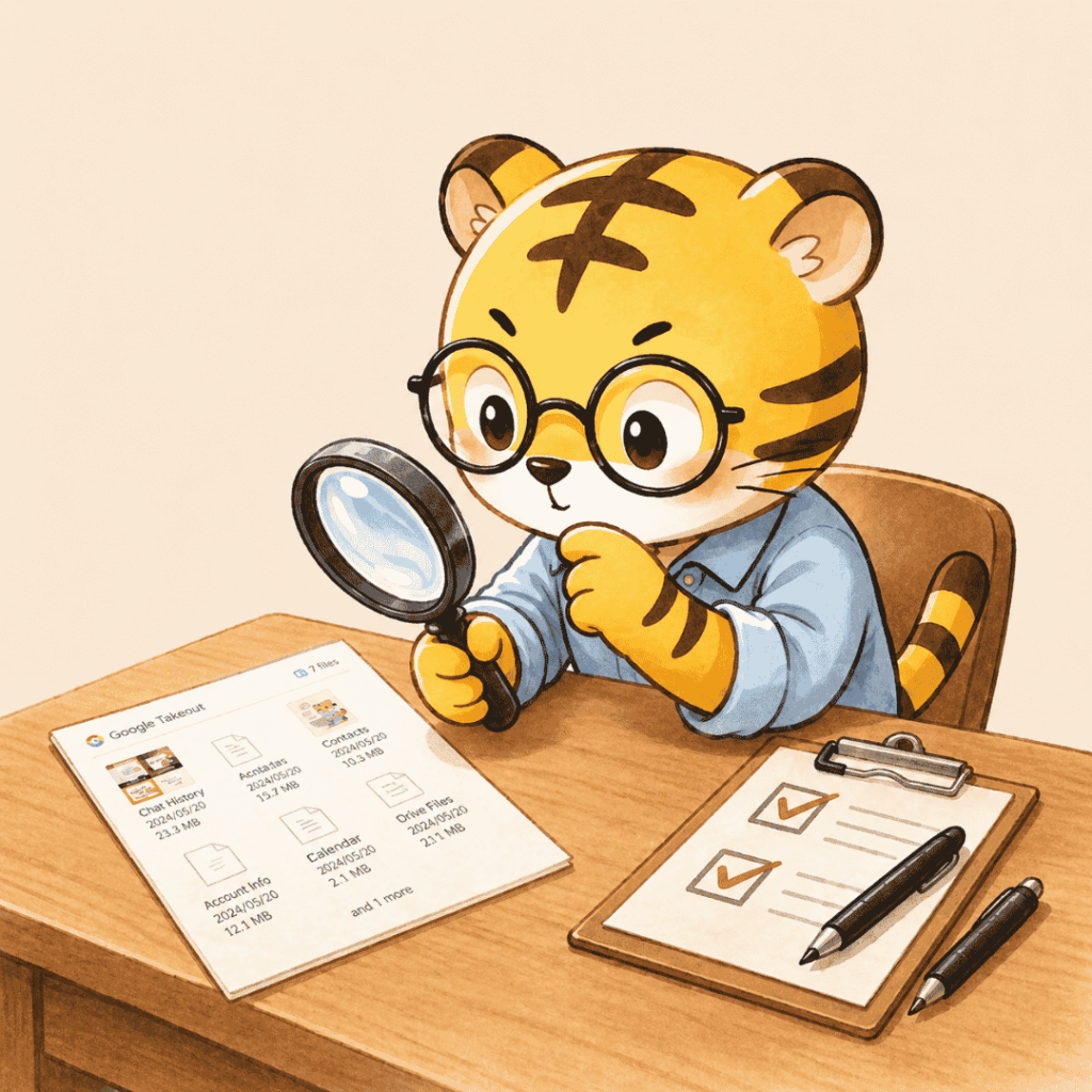 Google Takeout後に出てくるJSONなどのファイルを虫眼鏡で確認しているトラのイラスト