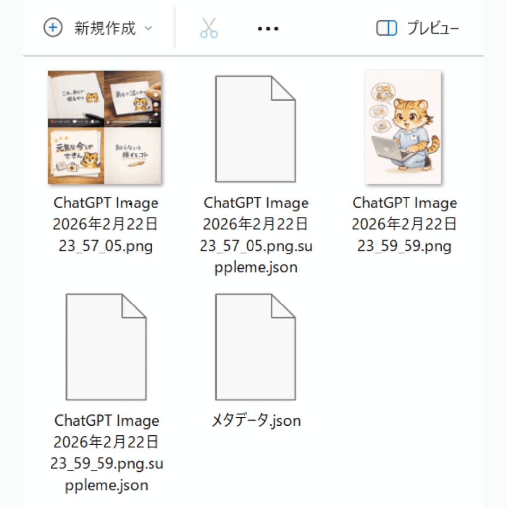 GoogleフォトをTakeoutした時の実際のフォルダ画面。画像ファイルとJSONファイルが並んでいる例