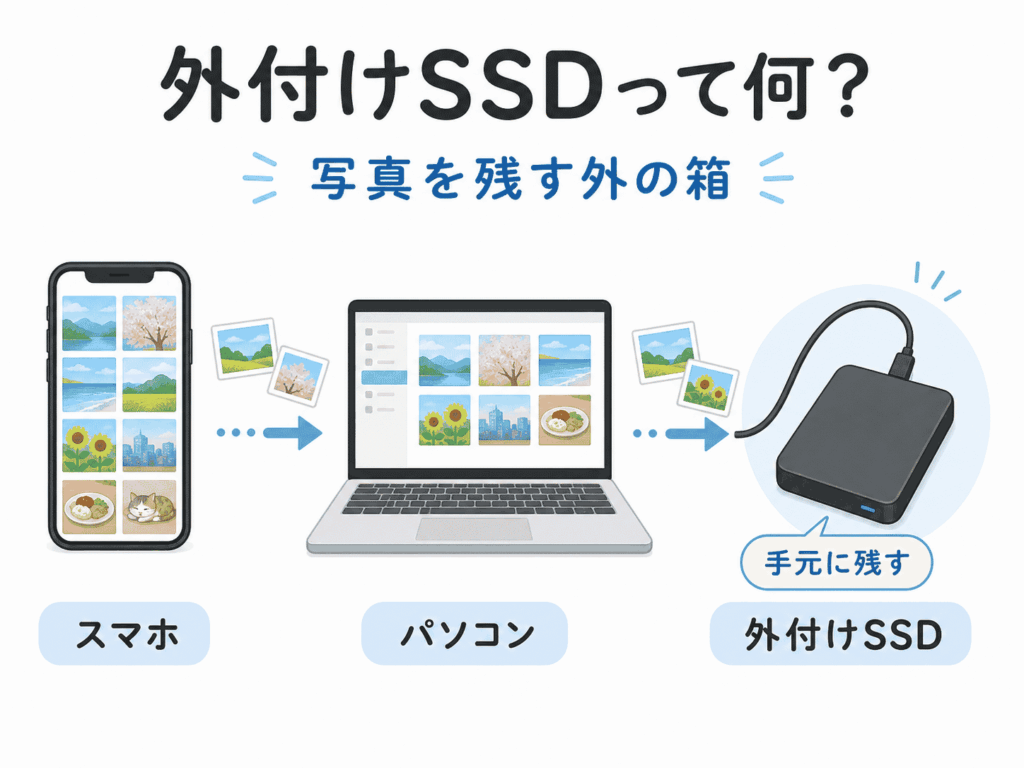 外付けｓｓｄって何？という文字とスマホからパソコン、そして外付けｓｓｄへと保存という流れの図