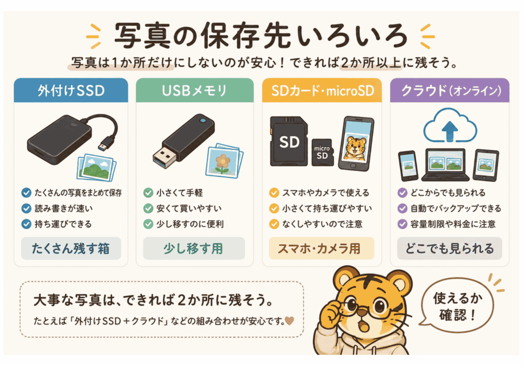 外付けSSD、USBメモリ、SDカード、クラウドの違いを並べた写真バックアップ用品の説明図。右下にメガネを持ったトラがいて、使えるか確認と注意している。