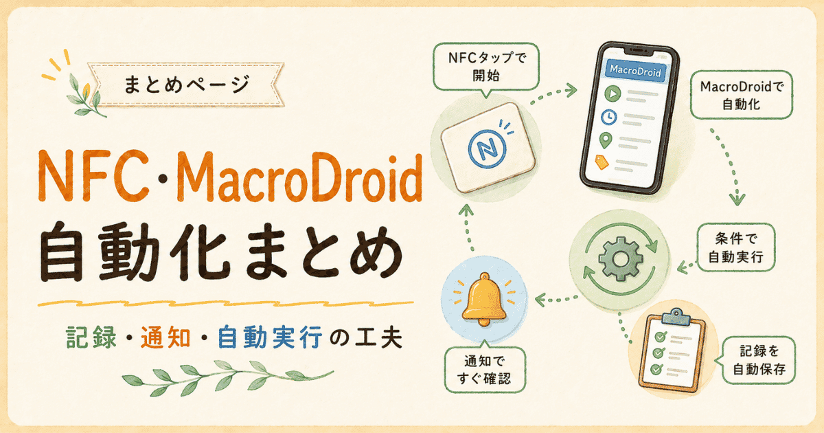 NFCタグとMacroDroidを使った記録・通知・自動実行の流れをまとめた案内画像