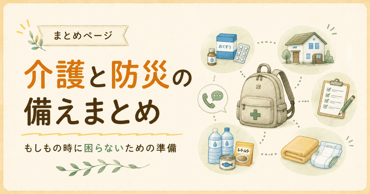介護と防災の備えとして、薬、家、連絡、チェックリスト、食料、水、衛生用品をまとめた案内画像