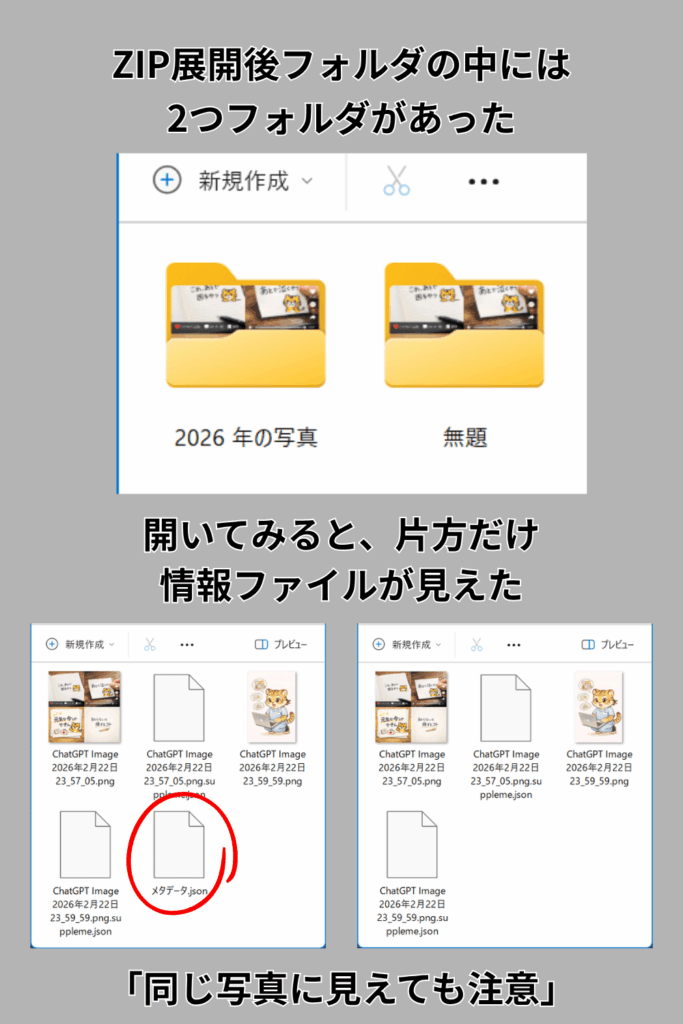 ZIP展開後フォルダの中にフォルダが２つあり中身が少し違うという事を説明している画像