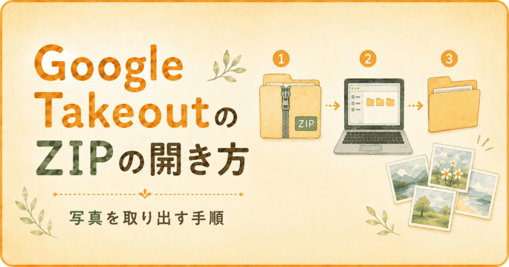 Google TakeoutのZIPファイルをWindowsで開く方法をやさしく解説。写真の取り出し、JSON、削除前の注意点もまとめました。