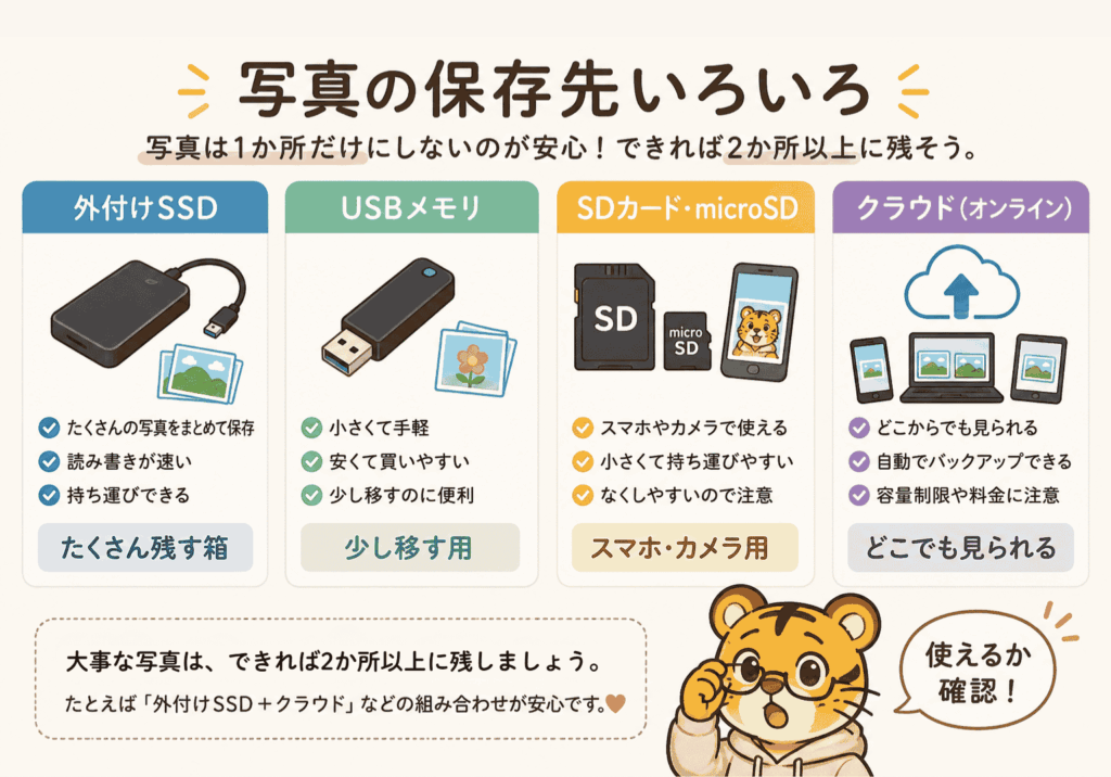 写真の保存先として外付けSSD、USBメモリ、SDカード、クラウドを比較した図解