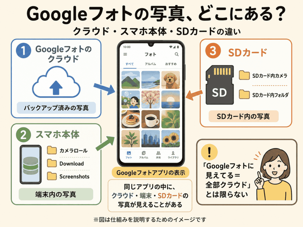 Googleフォトに見える写真がクラウド、スマホ本体、SDカードのどこにあるかを説明した図