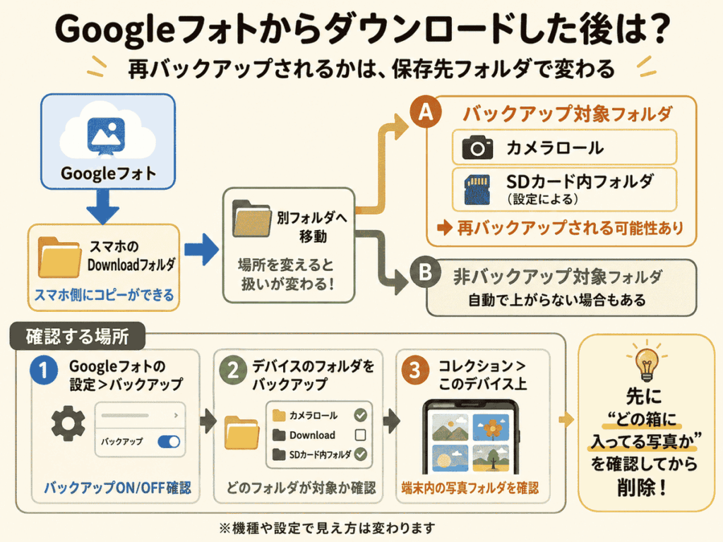 Googleフォトからスマホにダウンロードした写真が再バックアップされるかを保存先フォルダ別に説明した図