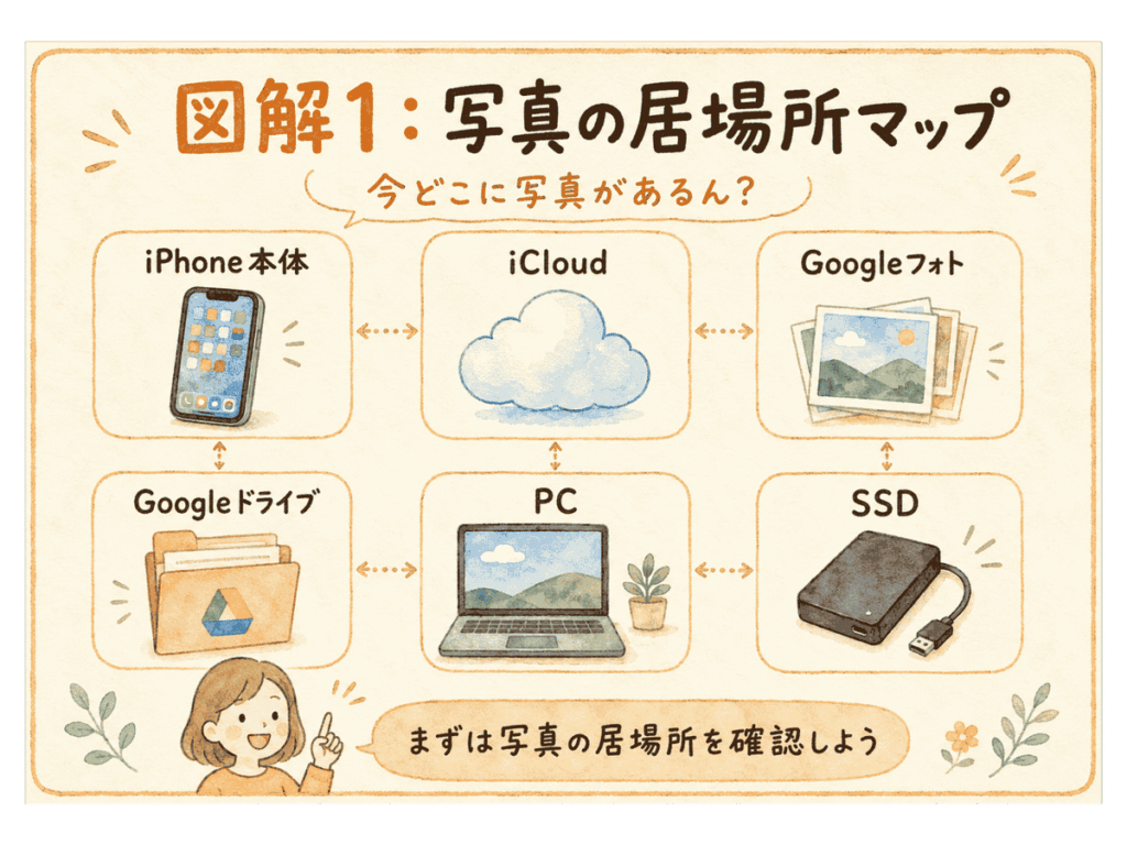 iPhone本体、iCloud、Googleフォト、Googleドライブ、PC、SSDの写真の居場所マップ