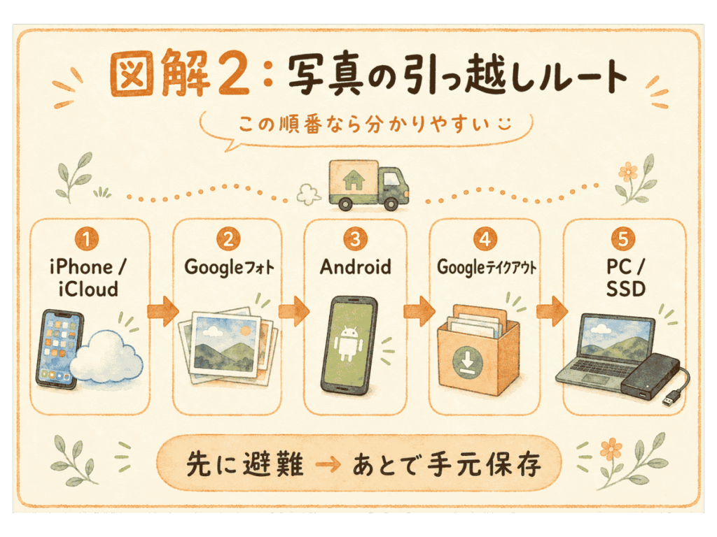 iPhoneやiCloudからGoogleフォト、Android、Googleテイクアウト、PCやSSDへ写真を移す流れ