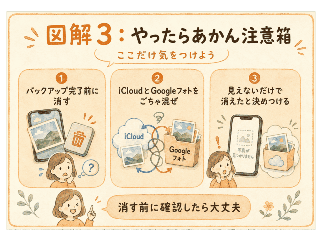 写真移行でバックアップ前に消す、クラウドを混ぜる、消えたと決めつける注意点