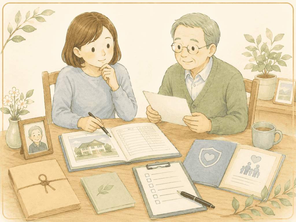 家族が亡くなったときの手続きを家族で相談しながら確認するイラスト