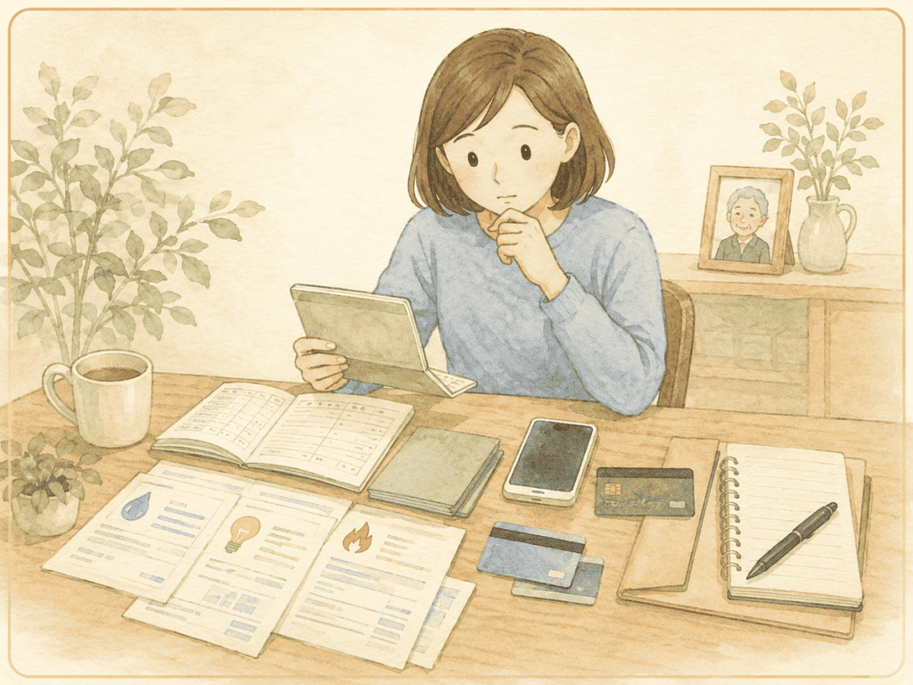 家族が亡くなったときの手続きで通帳や公共料金、スマホを確認する女性のイラスト